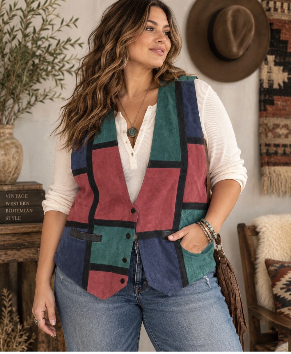 Vintage 90s Northwest Territory Suede Leather Patchwork Vest 2X Western Boho